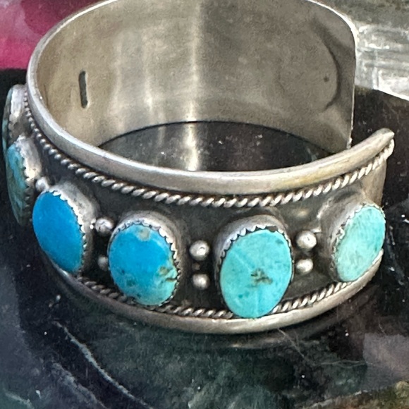 Turquoise  unisex men's sterling silver southwestern cuff - Picture 4 of 14